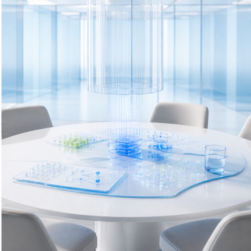 Ambiente de reunião com visualização abstrata de dados em azul